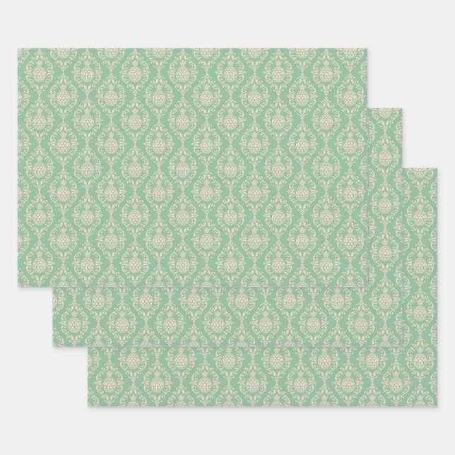 Green Pineapple Damask Wrapping Paper Sheets (Set)