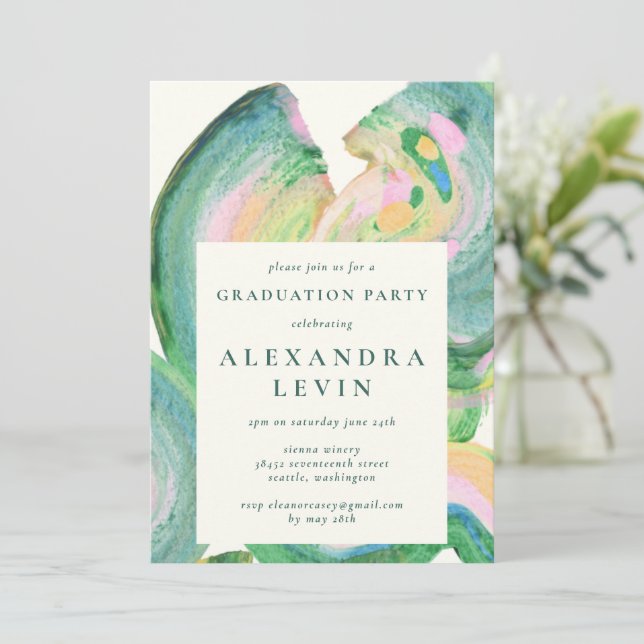 Green Pink Abstract Brushstroke Graduation Party Invitation (Standing Front)