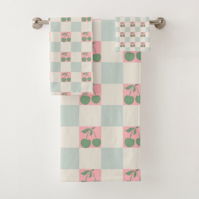 Green Pink Aesthetic Cherry Checkered Y2K Pattern Bath Towel Set (Insitu)