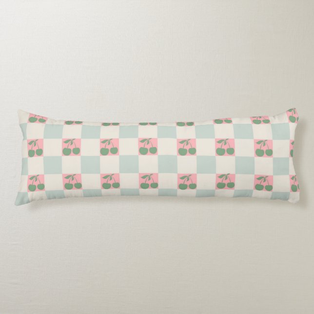 Green Pink Aesthetic Cherry Checkered Y2K Pattern Body Pillow (Front)