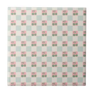 Green Pink Aesthetic Cherry Checkered Y2K Pattern Ceramic Tile