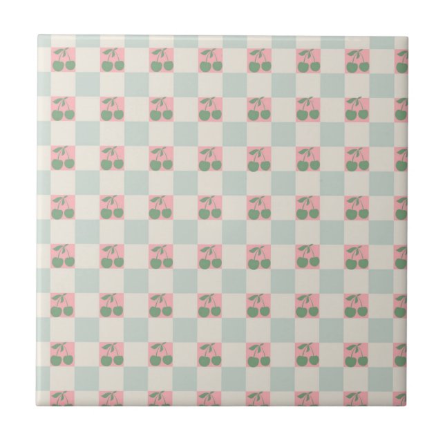 Green Pink Aesthetic Cherry Checkered Y2K Pattern Ceramic Tile (Front)