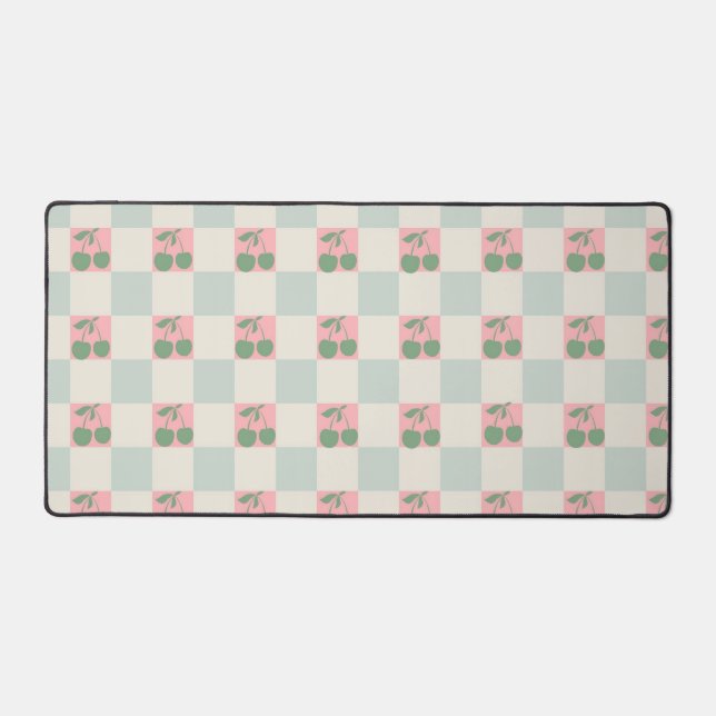 Green Pink Aesthetic Cherry Checkered Y2K Pattern Desk Mat (Front)