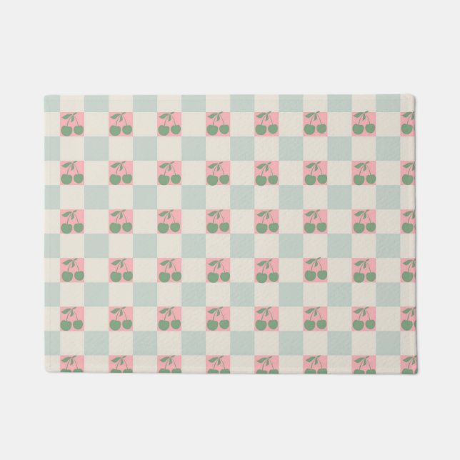 Green Pink Aesthetic Cherry Checkered Y2K Pattern Doormat (Front)