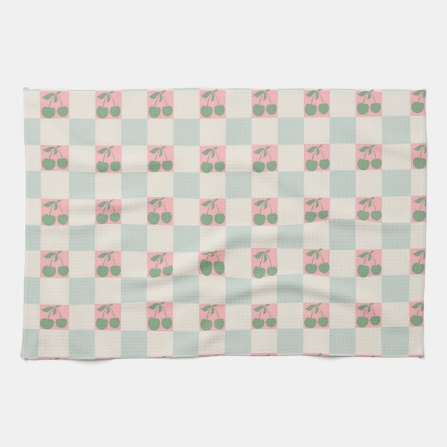 Green Pink Aesthetic Cherry Checkered Y2K Pattern Kitchen Towel (Horizontal)