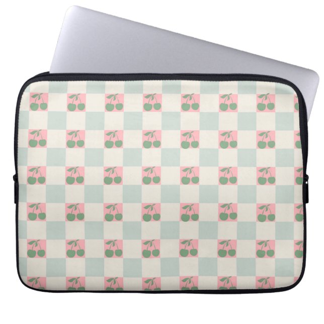Green Pink Aesthetic Cherry Checkered Y2K Pattern Laptop Sleeve (Front)