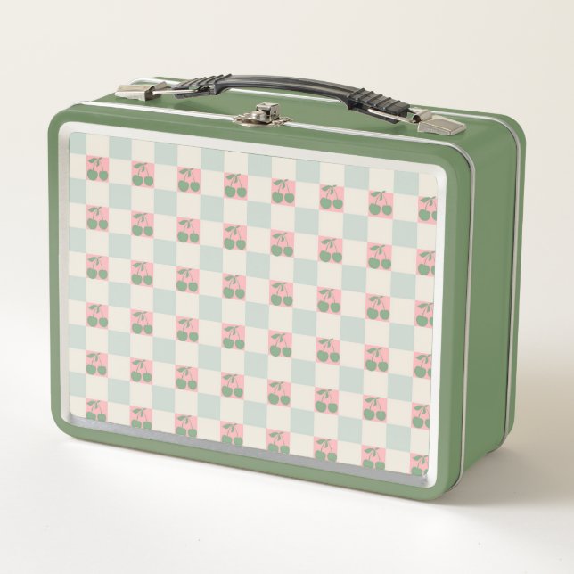 Green Pink Aesthetic Cherry Checkered Y2K Pattern Metal Lunch Box (Front)