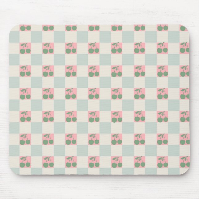 Green Pink Aesthetic Cherry Checkered Y2K Pattern Mouse Pad (Front)