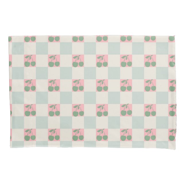 Green Pink Aesthetic Cherry Checkered Y2K Pattern Pillow Case (Front)