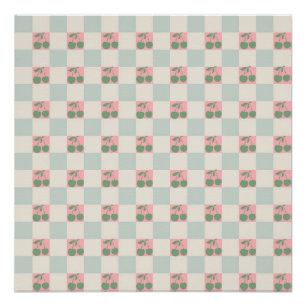 Green Pink Aesthetic Cherry Checkered Y2K Pattern Poster