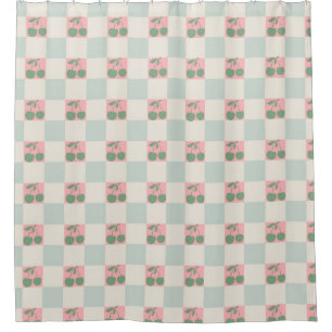 Green Pink Aesthetic Cherry Checkered Y2K Pattern Shower Curtain
