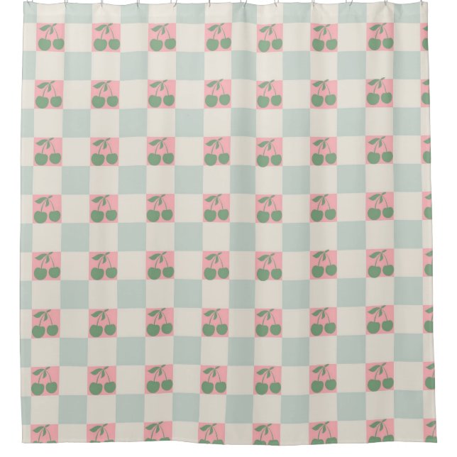 Green Pink Aesthetic Cherry Checkered Y2K Pattern Shower Curtain (Front)