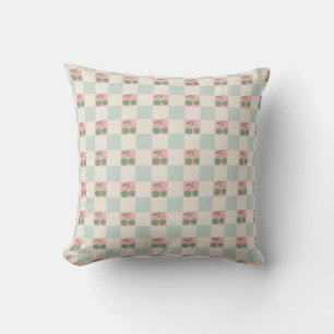 Green Pink Aesthetic Cherry Checkered Y2K Pattern Throw Pillow