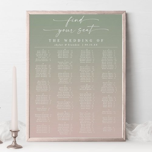Green  Pink Alphabetical Wedding Seating Chart