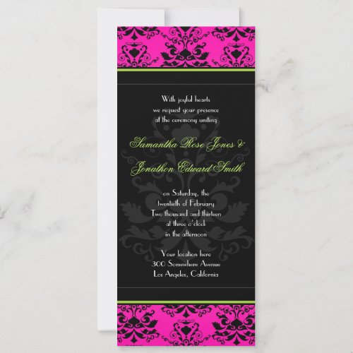 Green Pink and Black Damask Slim Wedding Invite