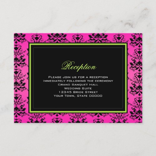 Green Pink and Black Damask Wedding Reception Card