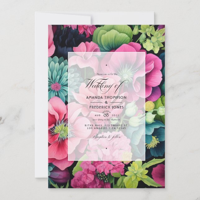 Green, Pink and Black Floral Fall Wedding Invitation (Front)