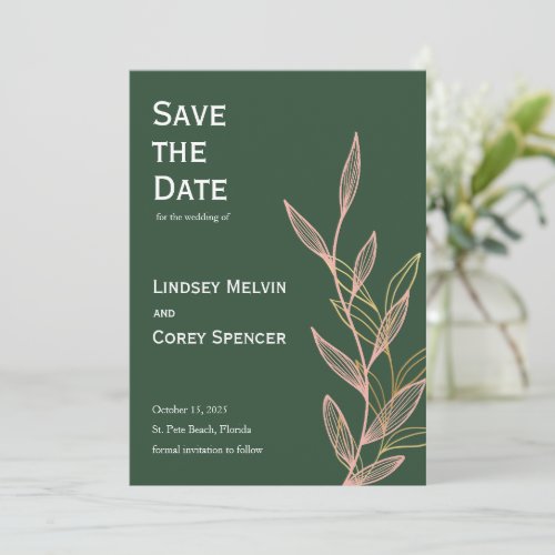 Green Pink and Gold Leaf Wedding Save the Date Invitation