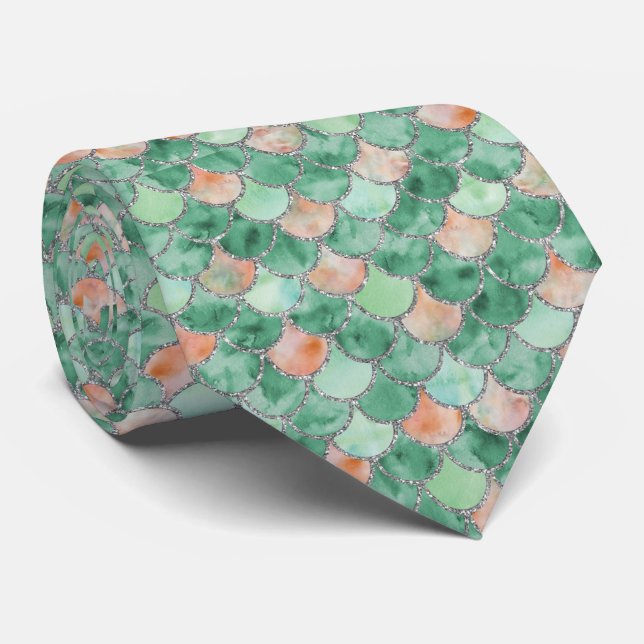 Green Pink and Silver Mermaid Scales Neck Tie (Rolled)