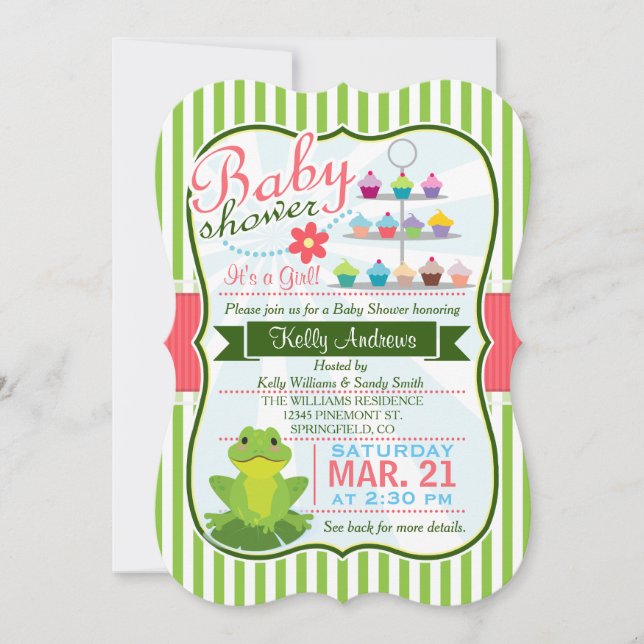 Green, Pink, and White Frog Theme Baby Shower Invitation (Front)