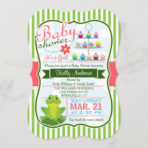 Green, Pink, and White Frog Theme Baby Shower Invitation