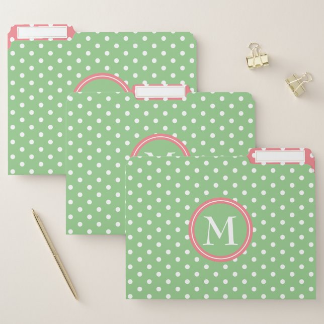 Green Pink and White Polka Dot Monogram File Folder (Set)