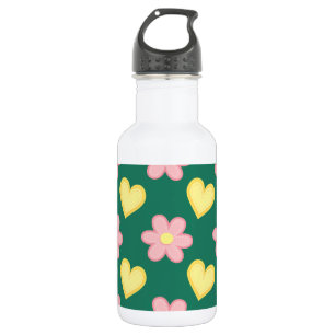 Green, Pink, and Yellow Stitched Hearts & Flowers Stainless Steel Water Bottle
