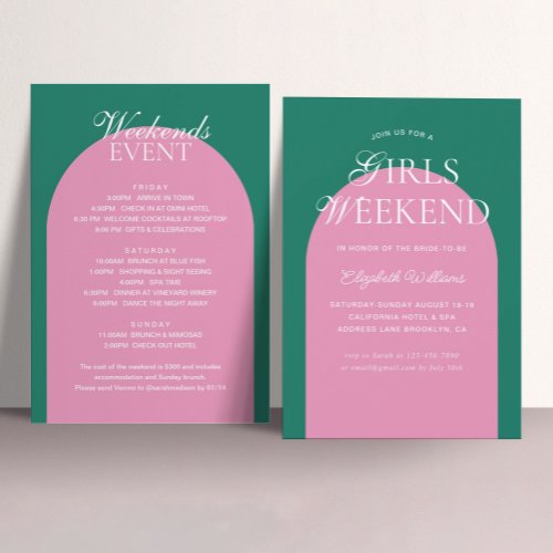 Green Pink Arch Girls Weekend Bachelorette Party Invitation