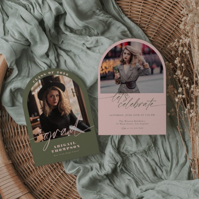 Green & Pink Arch Photo Script Graduation Invitation (Creator Uploaded)