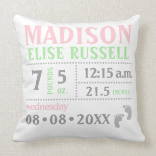 Green Pink Baby Girl photo Birth detail info Throw Pillow
