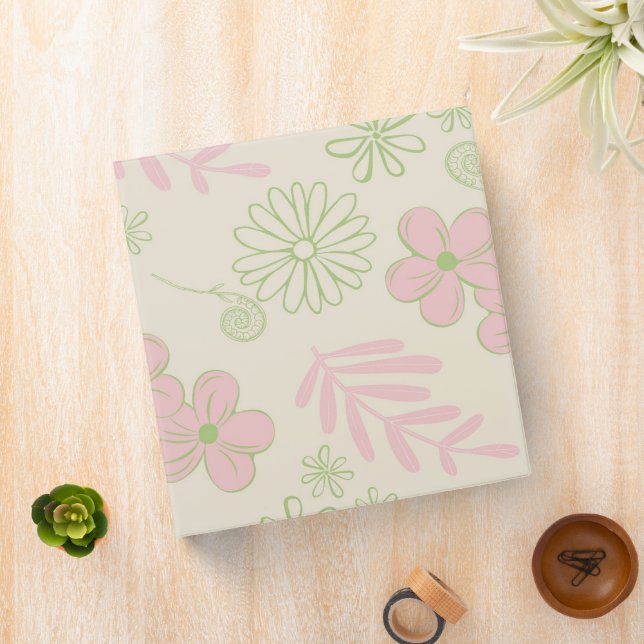 Green Pink Beige Retro Y2K 70s Flower Pattern 3 Ring Binder (In Situ)