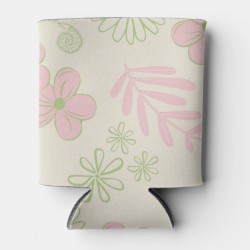 Green Pink Beige Retro Y2K 70s Flower Pattern Can Cooler