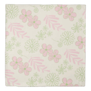 Green Pink Beige Retro Y2K 70s Flower Pattern Duvet Cover