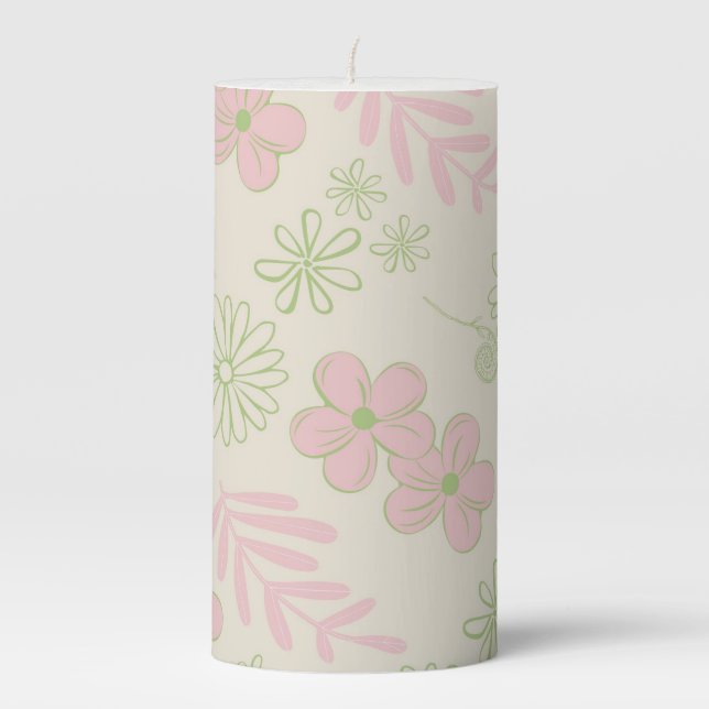 Green Pink Beige Retro Y2K 70s Flower Pattern Pillar Candle (Front)