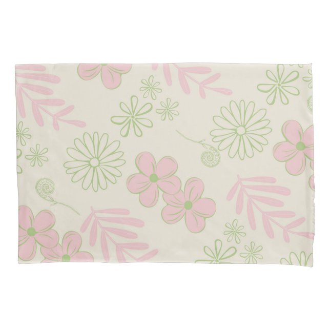 Green Pink Beige Retro Y2K 70s Flower Pattern Pillow Case (Front)