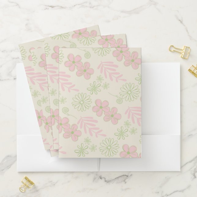 Green Pink Beige Retro Y2K 70s Flower Pattern Pocket Folder (In Situ)