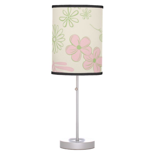 Green Pink Beige Retro Y2K 70s Flower Pattern Table Lamp (Front)
