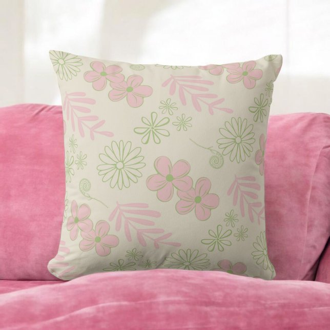 Green Pink Beige Retro Y2K 70s Flower Pattern Throw Pillow (Creator Uploaded)
