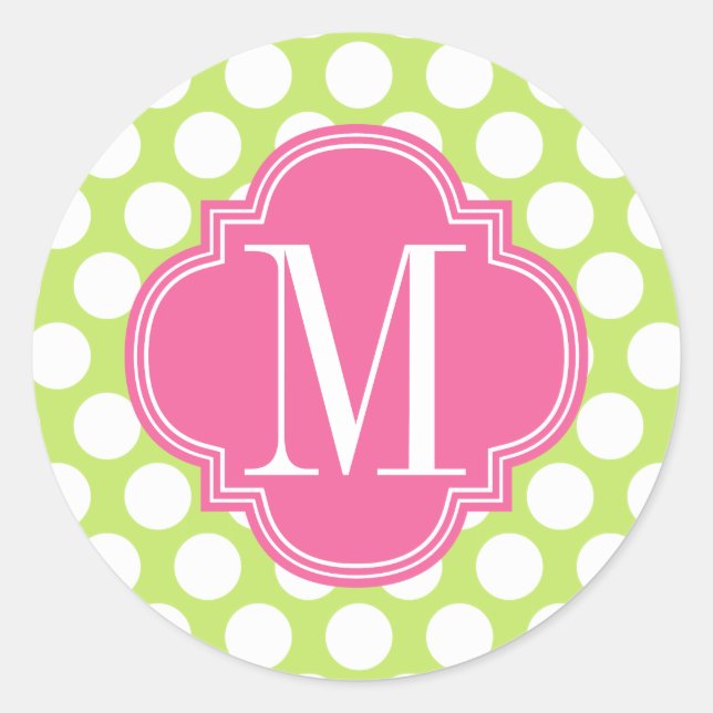 Green & Pink Big Polka Dots Monogrammed Classic Round Sticker (Front)