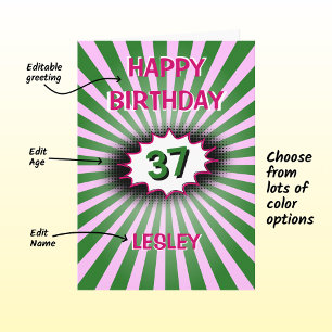 Green pink birthday custom name and age retro card