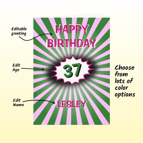 Green pink birthday custom name and age retro card
