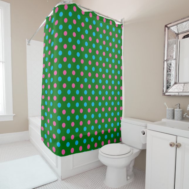 Green Pink Blue Polka Dot Pattern Shower Curtain (In Situ)
