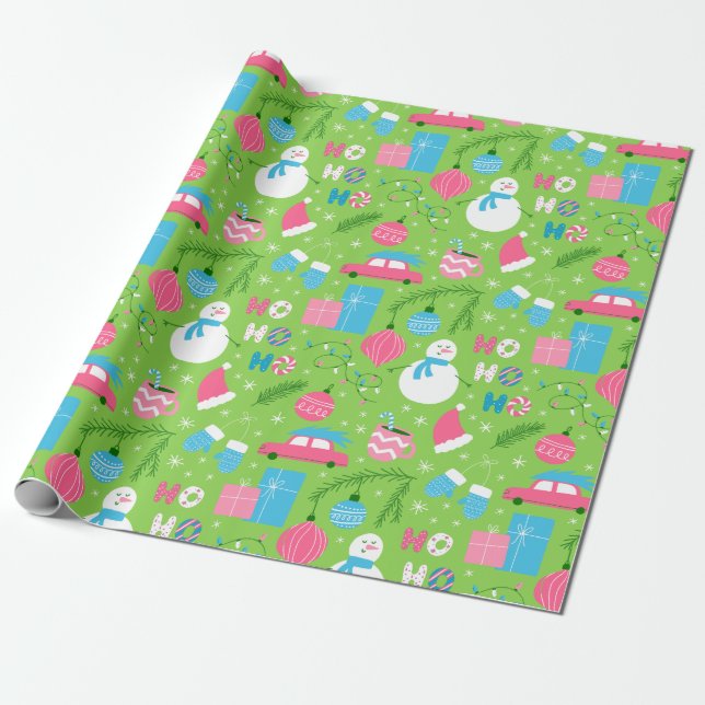 Green Pink Blue Snowmen Ornament Christmas Holiday Wrapping Paper (Unrolled)