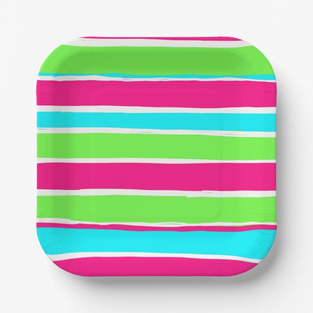 Green Pink Blue Stripes  Paper Plates (Front)