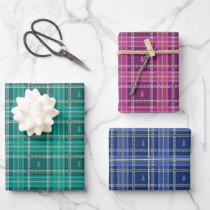Green, Pink, Blue Tartan Plaid with christmas tree Wrapping Paper Sheets