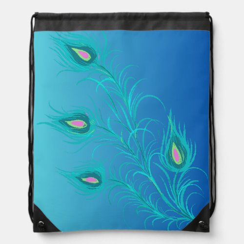 GREEN PINK BLUE YELLOW PRETTY PEACOCK FEATHER DRAWSTRING BAG