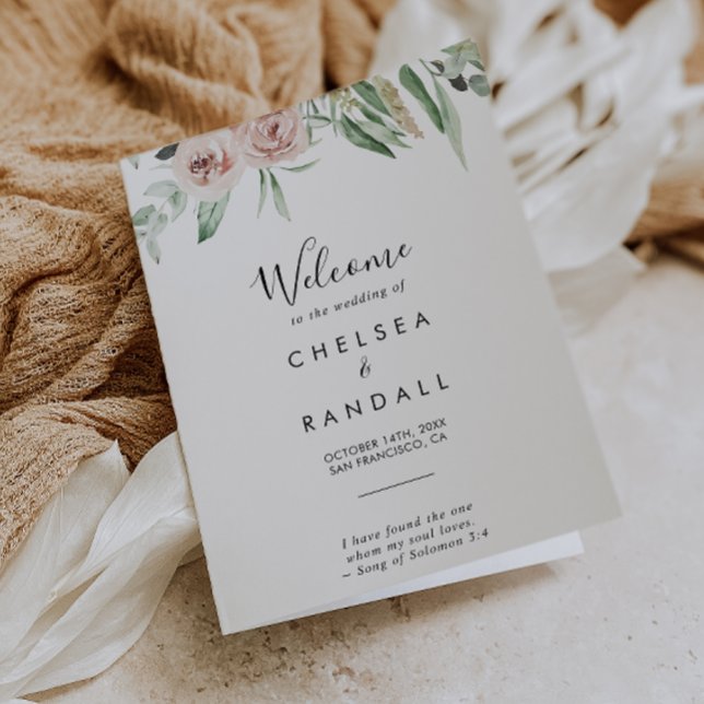 Green Pink Blush Floral Folded Wedding  Program (Creator Uploaded)