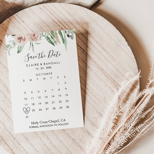 Green Pink Blush Floral Save the Date Calendar