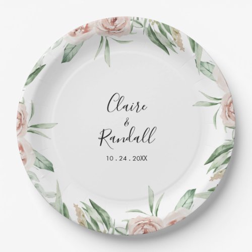 Green Pink Blush Floral Wedding   Paper Plates