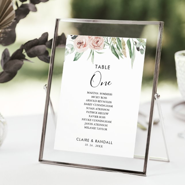 Green Pink Blush Rose Table Number 1 Seating Chart (Creator Uploaded)